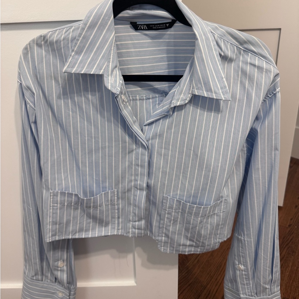 Zara Women's Light Blue Striped Button Down Shirt